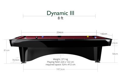 Професионална маса за билярд "DYNAMIC III", Черен лак 8 фута
